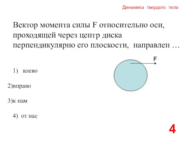 Динамика твердого тела Вектор момента силы F относительно оси, проходящей через центр