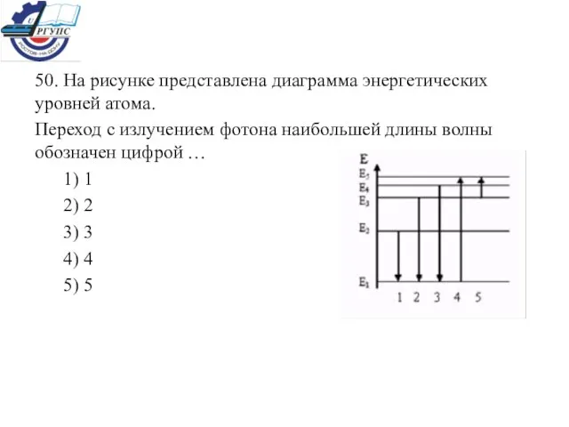 50. На рисунке представлена диаграмма энергетических уровней атома. Переход с излучением фотона