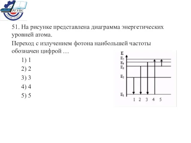 51. На рисунке представлена диаграмма энергетических уровней атома. Переход с излучением фотона