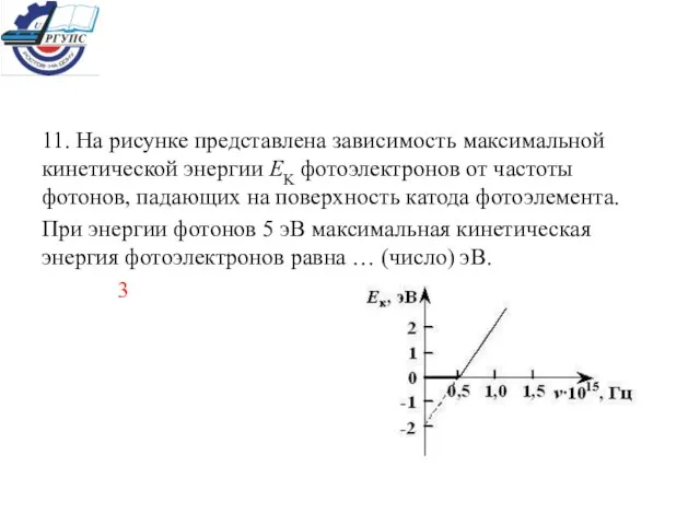 11. На рисунке представлена зависимость максимальной кинетической энергии ЕK фотоэлектронов от частоты