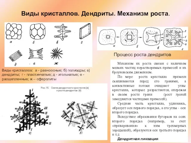 Виды кристаллов. Дендриты. Механизм роста. Виды кристаллов: а - равноосные; б) полиэдры;