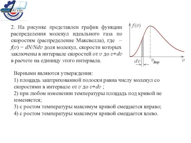 2. На рисунке представлен график функции распределения молекул идеального газа по скоростям