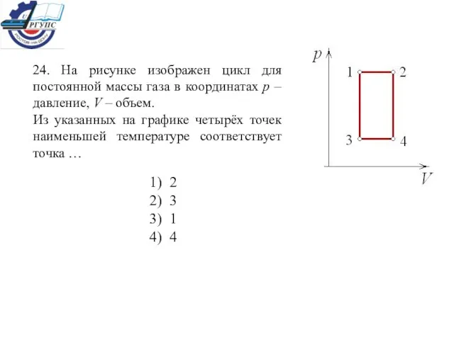 24. На рисунке изображен цикл для постоянной массы газа в координатах p