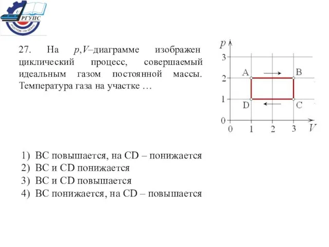 27. На р,V–диаграмме изображен циклический процесс, совершаемый идеальным газом постоянной массы. Температура