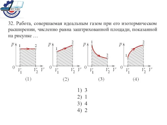 32. Работа, совершаемая идеальным газом при его изотермическом расширении, численно равна заштрихованной