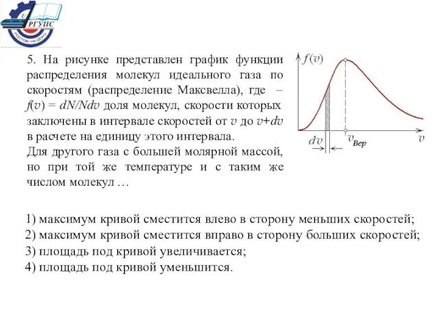 5. На рисунке представлен график функции распределения молекул идеального газа по скоростям