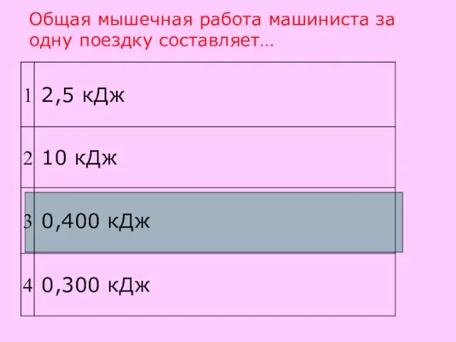 Общая мышечная работа машиниста за одну поездку составляет…