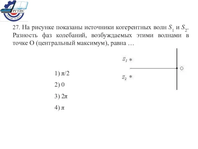 27. На рисунке показаны источники когерентных волн S1 и S2. Разность фаз