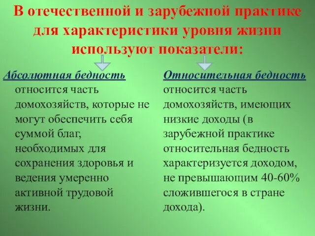 В отечественной и зарубежной практике для характеристики уровня жизни используют показатели: Абсолютная