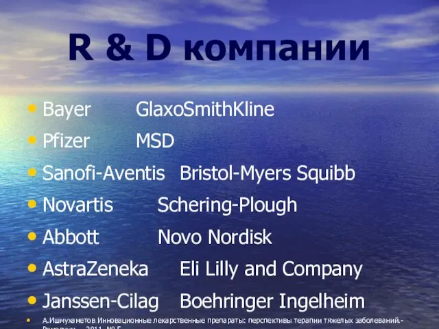 R & D компании Bayer GlaxoSmithKline Pfizer MSD Sanofi-Aventis Bristol-Myers Squibb Novartis