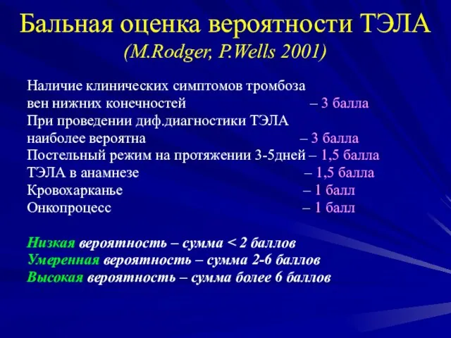 Бальная оценка вероятности ТЭЛА (M.Rodger, P.Wells 2001) Наличие клинических симптомов тромбоза вен