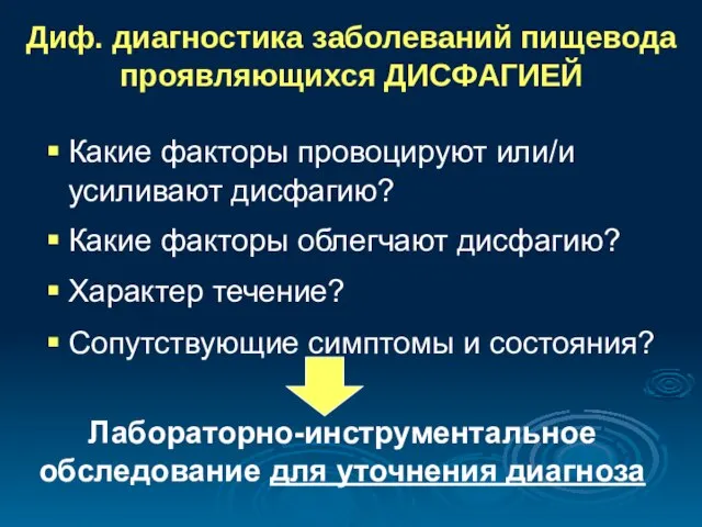 Диф. диагностика заболеваний пищевода проявляющихся ДИСФАГИЕЙ Какие факторы провоцируют или/и усиливают дисфагию?