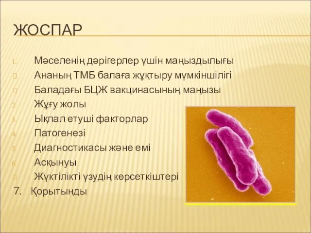 ЖОСПАР Мәселенің дәрігерлер үшін маңыздылығы Ананың ТМБ балаға жұқтыру мүмкіншілігі Баладағы БЦЖ