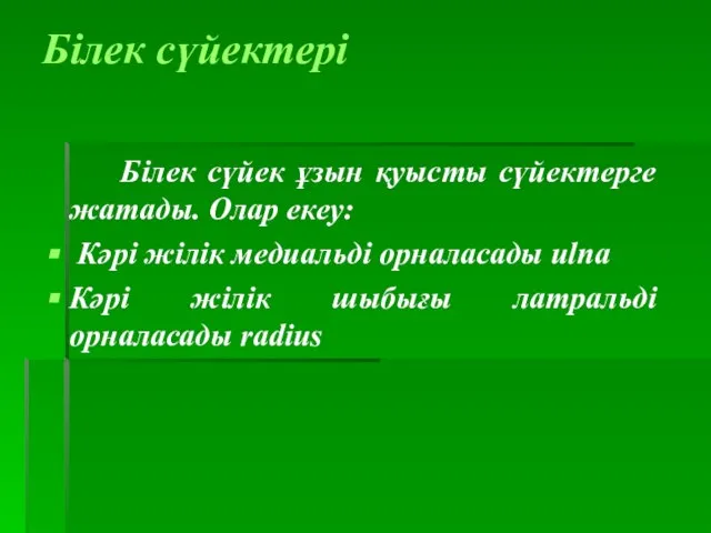 Білек сүйектері Білек сүйек ұзын қуысты сүйектерге жатады. Олар екеу: Кәрі жілік