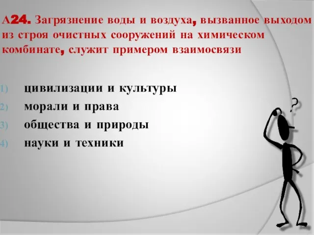 А24. Загрязнение воды и воздуха, вызванное выходом из строя очистных сооружений на