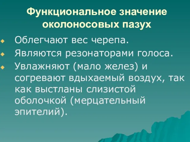 Функциональное значение околоносовых пазух Облегчают вес черепа. Являются резонаторами голоса. Увлажняют (мало