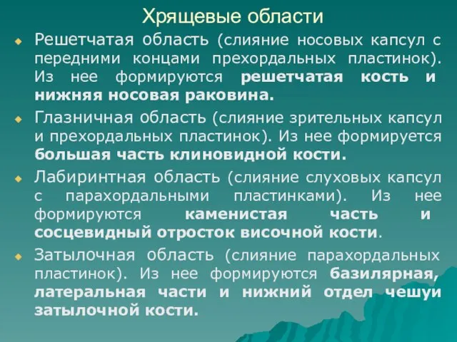 Хрящевые области Решетчатая область (слияние носовых капсул с передними концами прехордальных пластинок).