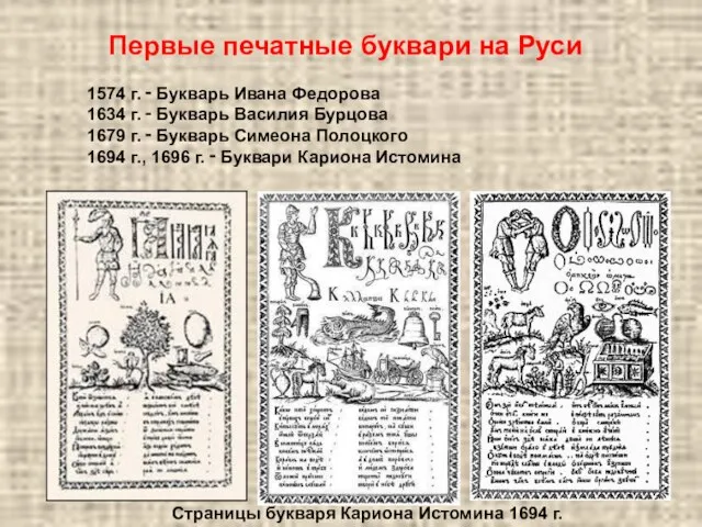 Первые печатные буквари на Руси 1574 г. ‑ Букварь Ивана Федорова 1634