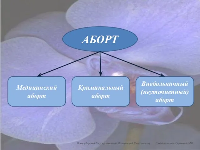 АБОРТ Медицинский аборт Криминальный аборт Внебольничный (неуточненный) аборт Новосибирский Государственный Медицинский Университет Слайд выполнен Серяковой М.В.