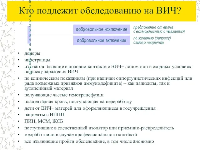 Кто подлежит обследованию на ВИЧ? доноры иностранцы из очагов: бывшие в половом