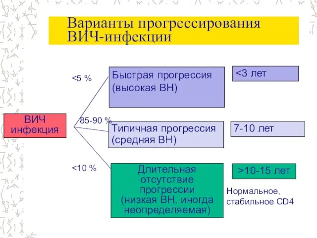 Варианты прогрессирования ВИЧ-инфекции ВИЧ инфекция Длительная отсутствие прогрессии (низкая ВН, иногда неопределяемая)