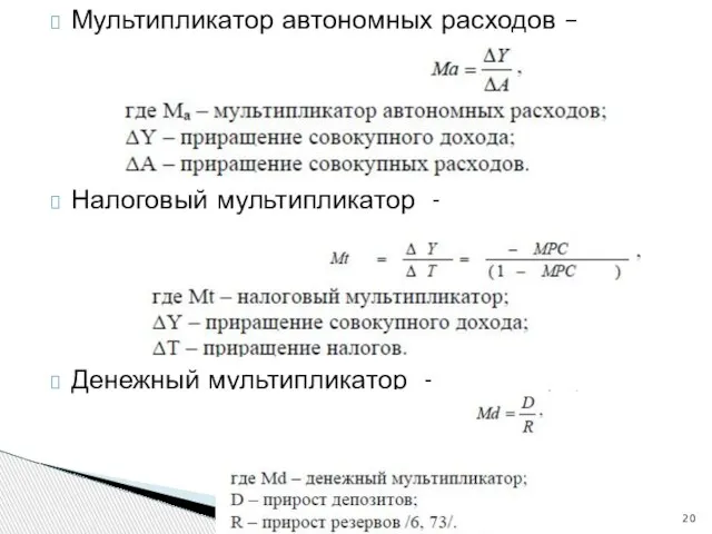 Мультипликатор автономных расходов – Налоговый мультипликатор - Денежный мультипликатор -