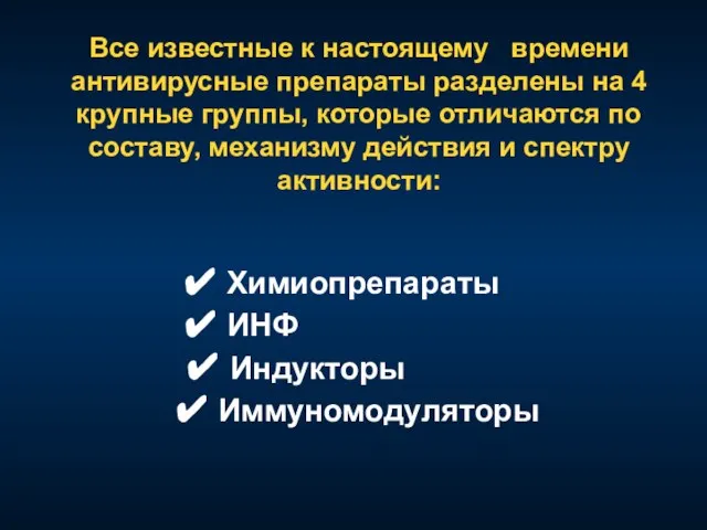 Все известные к настоящему времени антивирусные препараты разделены на 4 крупные группы,