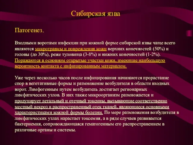 Сибирская язва Патогенез. Входными воротами инфекции при кожной форме сибирской язвы чаще