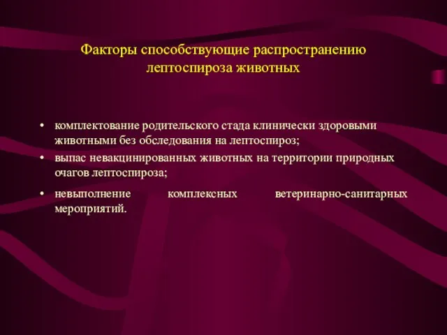 Факторы способствующие распространению лептоспироза животных комплектование родительского стада клинически здоровыми животными без