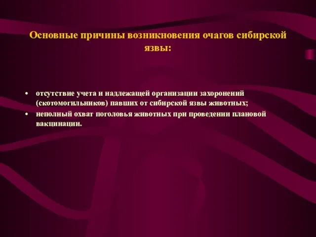 Основные причины возникновения очагов сибирской язвы: отсутствие учета и надлежащей организации захоронений