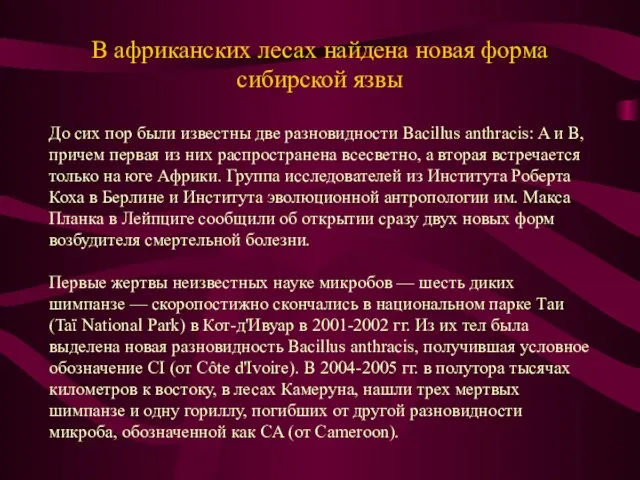 В африканских лесах найдена новая форма сибирской язвы До сих пор были