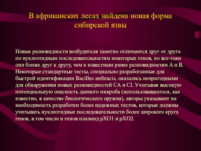 В африканских лесах найдена новая форма сибирской язвы Новые разновидности возбудителя заметно