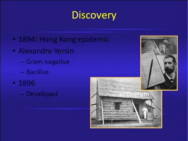 Discovery 1894: Hong Kong epidemic Alexandre Yersin Gram negative Bacillus 1896 Developed antiserum