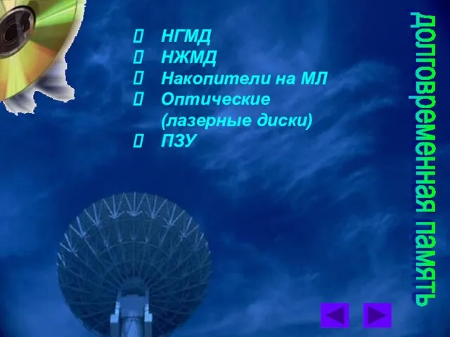 долговременная память НГМД НЖМД Накопители на МЛ Оптические (лазерные диски) ПЗУ