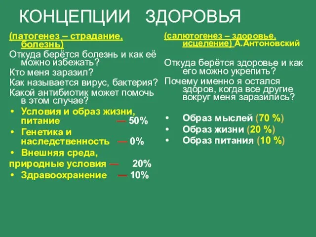 КОНЦЕПЦИИ ЗДОРОВЬЯ (патогенез – страдание, болезнь) Откуда берётся болезнь и как её