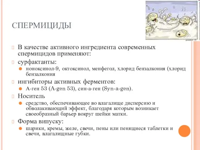 СПЕРМИЦИДЫ В качестве активного ингредиента современных спермицидов применяют: сурфактанты: ноноксинол-9, октоксинол, менфегол,