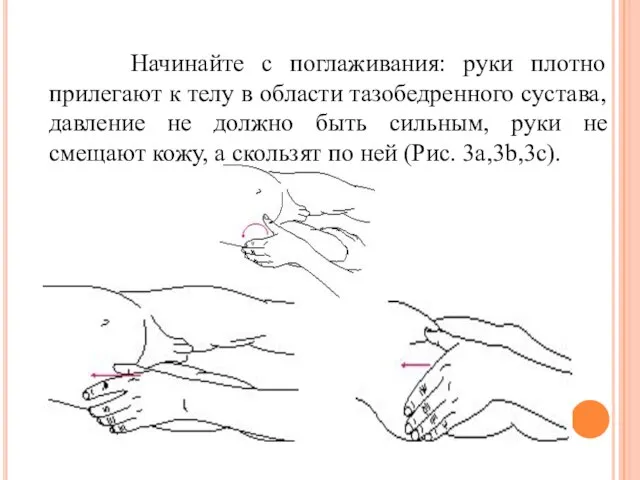 Начинайте с поглаживания: руки плотно прилегают к телу в области тазобедренного сустава,