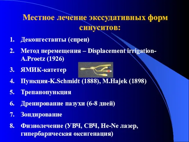 Местное лечение экссудативных форм синуситов: Деконгестанты (спреи) Метод перемещения – Displacement irrigation-