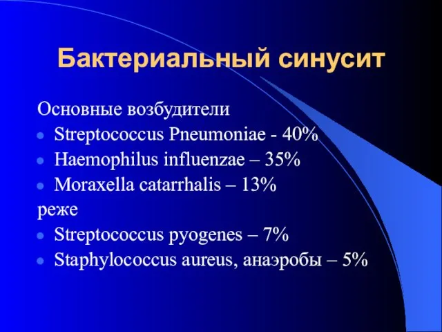 Бактериальный синусит Основные возбудители Streptococcus Pneumoniae - 40% Haemophilus influenzae – 35%