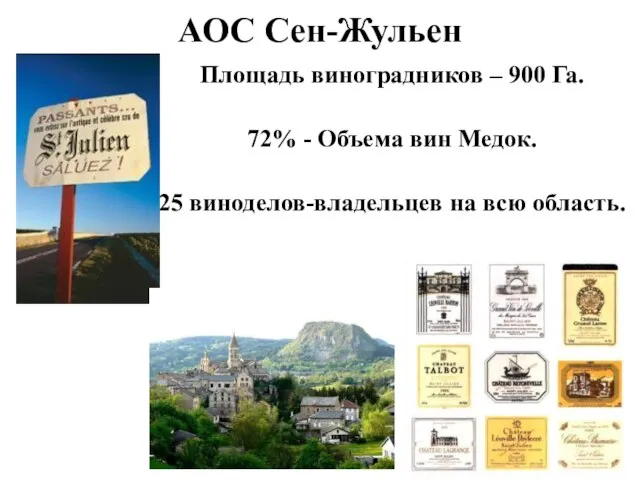 АОС Сен-Жульен Площадь виноградников – 900 Га. 72% - Объема вин Медок.