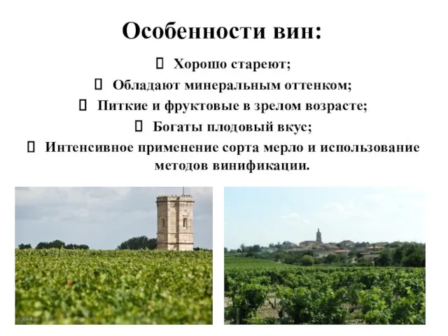 Особенности вин: Хорошо стареют; Обладают минеральным оттенком; Питкие и фруктовые в зрелом