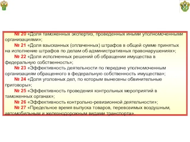 31 № 20 «Доля таможенных экспертиз, проведенных иными уполномоченными организациями»; № 21