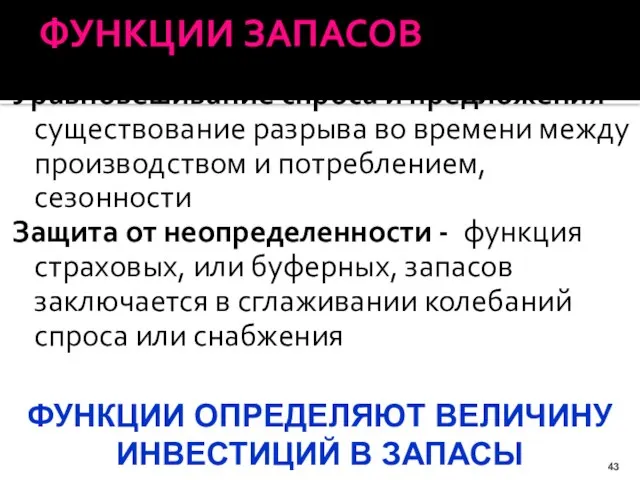 ФУНКЦИИ ЗАПАСОВ Уравновешивание спроса и предложения - существование разрыва во времени между