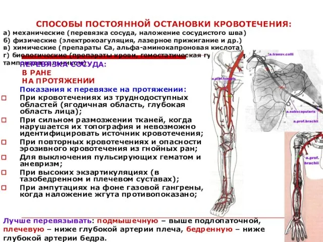 СПОСОБЫ ПОСТОЯННОЙ ОСТАНОВКИ КРОВОТЕЧЕНИЯ: а) механические (перевязка сосуда, наложение сосудистого шва) б)