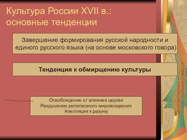 Культура России XVII в.: основные тенденции Завершение формирования русской народности и единого