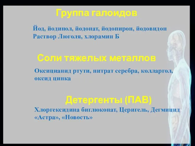 Группа галоидов Йод, йодинол, йодонат, йодопирон, йодовидон Раствор Люголя, хлорамин Б Соли