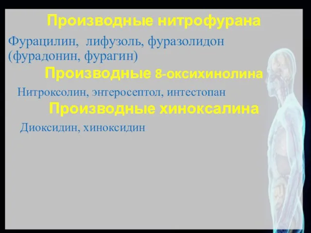 Производные нитрофурана Фурацилин, лифузоль, фуразолидон (фурадонин, фурагин) Производные 8-оксихинолина Нитроксолин, энтеросептол, интестопан Производные хиноксалина Диоксидин, хиноксидин