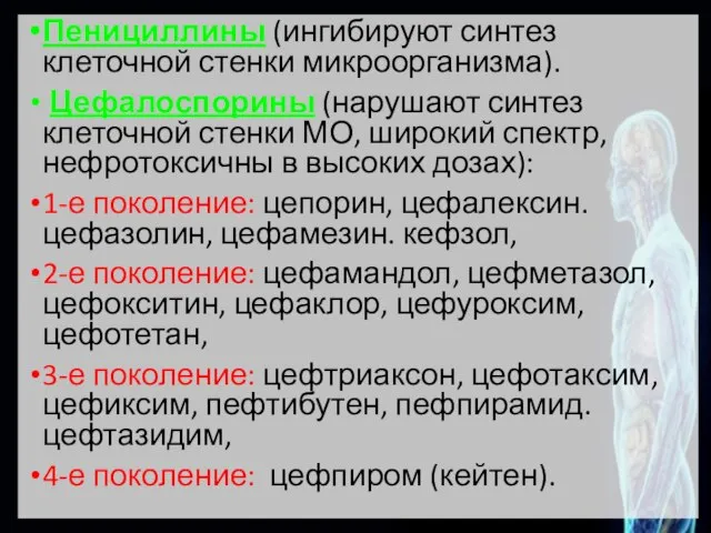 Пенициллины (ингибируют синтез клеточной стенки микроорганизма). Цефалоспорины (нарушают синтез клеточной стенки МО,