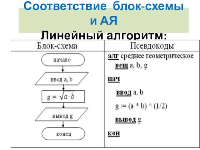 Соответствие блок-схемы и АЯ Линейный алгоритм: