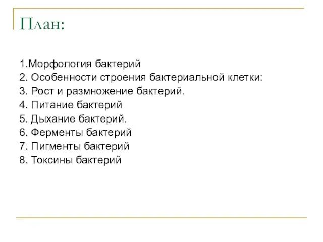 План: 1.Морфология бактерий 2. Особенности строения бактериальной клетки: 3. Рост и размножение